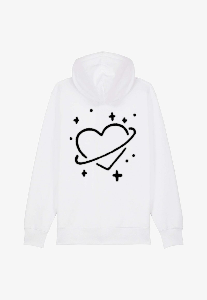 Haut à capuche blanc avec un graphique noir représentant un cœur encerclé par un anneau et des étoiles éparpillées. Fabriqué en tissu doux avec une poche kangourou à l'avant.