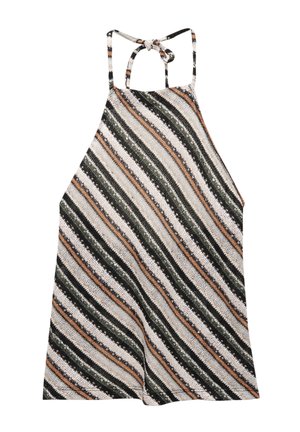 Top halter rayé en crème, vert et orange. Dispose d'une fermeture à l'attache au cou. Tissu léger avec une coupe décontractée.