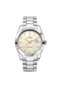 Silberne Edelstahl-Uhr mit einem cremefarbenen Ziffernblatt, goldenen Stundenmarkierungen und einer Datumsanzeige. Verfügt über ein gliedriges Armband und eine polierte Lünette.