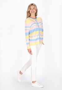 Többszínű kardigán vízszintes csíkokkal rózsaszín, kék, sárga és szürke árnyalatokban, kerek nyakkivágással és gombos záródással. Fehér nadrággal viselve.