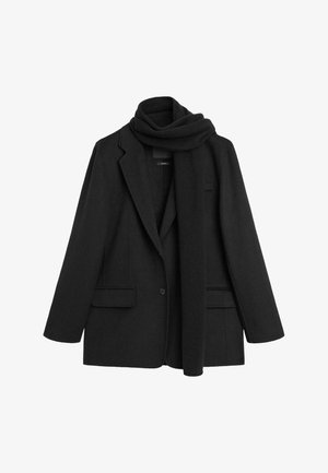 Zwarte wolmix blazer met twee voorzakken en een gelid kraag. Inclusief een bijpassende zwarte sjaal met een zachte textuur en een minimalistisch ontwerp.