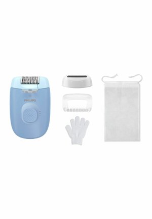Épilateur Philips bleu avec tête de rasage détachable, bonnet de massage, gant exfoliant et pochette de rangement blanche avec cordon sur fond blanc.