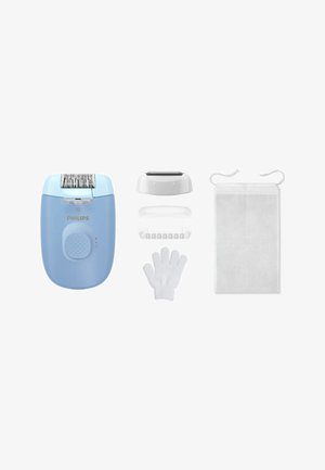 Blue Philips epilator with detachable shaver head, massage cap, exfoliating glove, and white drawstring storage pouch on white background.
