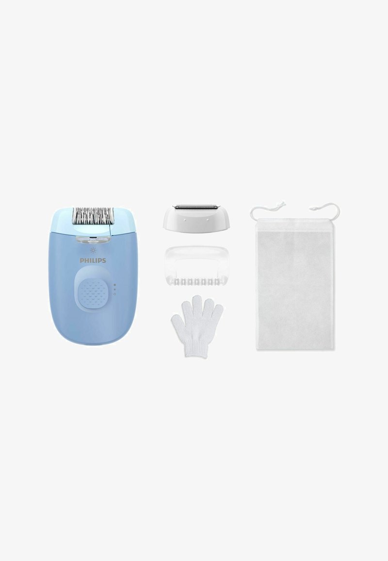 Épilateur Philips bleu avec tête de rasage détachable, bonnet de massage, gant exfoliant et pochette de rangement blanche avec cordon sur fond blanc.