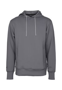 Grå huvtröja med framficka, snörning, ribbade ärmmuddar och en jämn, matt textur. Enkel, avslappnad design.