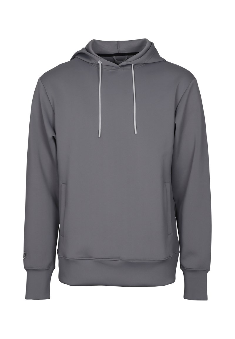 Grå huvtröja med framficka, snörning, ribbade ärmmuddar och en jämn, matt textur. Enkel, avslappnad design.