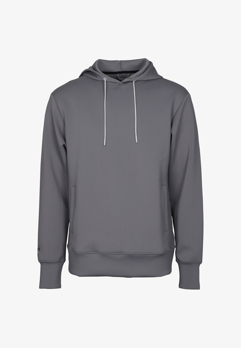 Grå huvtröja med framficka, snörning, ribbade ärmmuddar och en jämn, matt textur. Enkel, avslappnad design.