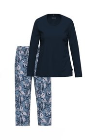 Marinblå långärmad topp i kombination med blommönstrade byxor i nyanser av blått och grått. Mjuk tyg med elastisk midja på byxorna.