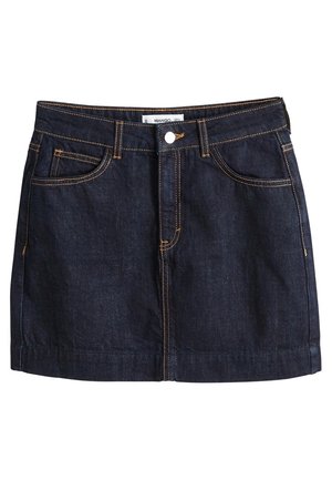 Donkerblauwe denim mini-rok met gele stiksels, vijf zakken, sluiting met een voorknoop en een rechte snit.