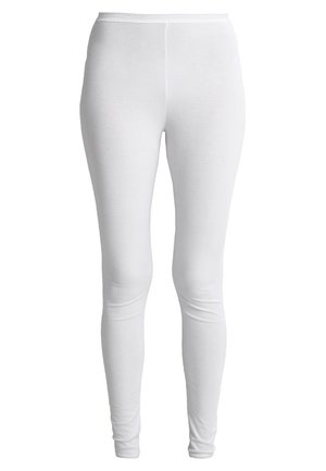Vita leggings gjorda av ett glatt, stretchigt material. De har en åtsittande design och en elastisk midja som sträcker sig till ankeln.