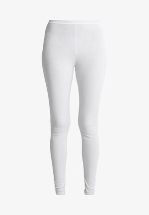White leggings made of a smooth, stretchy material. They have a fitted design and an elastic waistband, extending to the ankle.