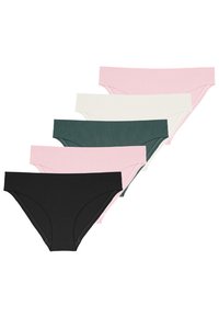 Set of five women's briefs in various colors: black, dark green, white, pale pink, and light pink. Ribbed texture with elastic waistband.