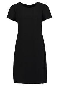 Robe noire à manches courtes et décolleté rond. Tissu lisse, design à mi-genoux, avec une fente latérale discrète pour faciliter les mouvements.