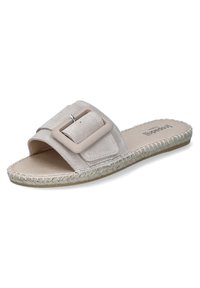 Light gray suede slide sandal with a wide strap featuring a large rectangular buckle. Jute-wrapped sole and flat design for easy wear.