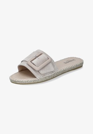 Light gray suede slide sandal with a wide strap featuring a large rectangular buckle. Jute-wrapped sole and flat design for easy wear.