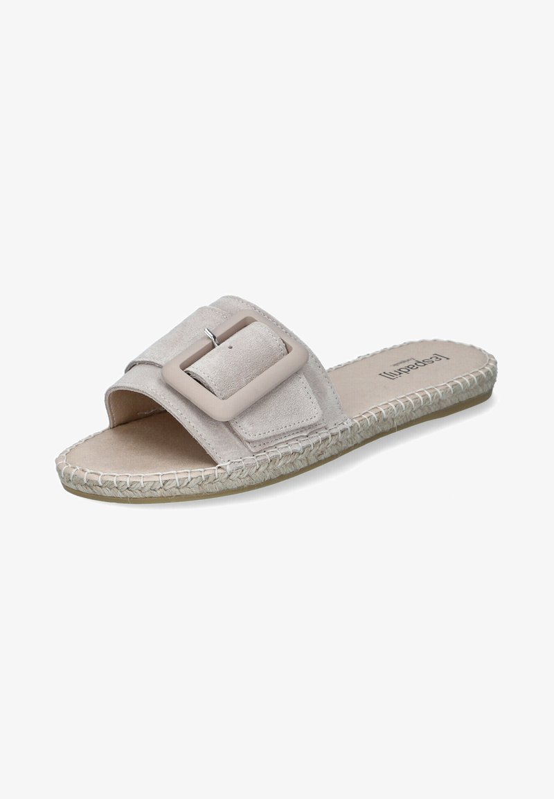 Light gray suede slide sandal with a wide strap featuring a large rectangular buckle. Jute-wrapped sole and flat design for easy wear.