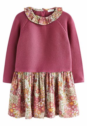 Langærmet kjole til småbørn med tekstureret lyserød strikket top, blomsterflæsekant og nederdel med matchende blomsterprint.