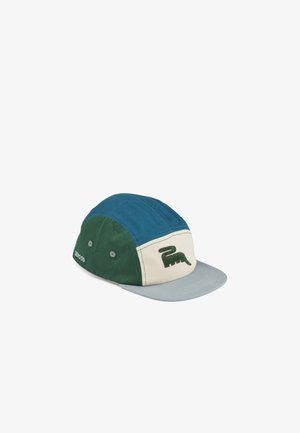 Multicolored cap featuring a green and blue panel design, gray brim, and embroidered logo. Made from fabric with a smooth texture.