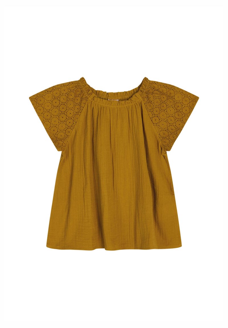 Blouse jaune moutarde à manches courtes avec corps en tissu texturé et motif de dentelle œillet sur les manches, col élastique.
