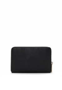 Black leather wallet with a smooth texture, rectangular shape, and a zippered closure, featuring gold-tone hardware.