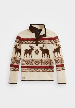Fleece pullover with a cream base, featuring brown moose and geometric patterns. Brown collar and button detail enhance design.