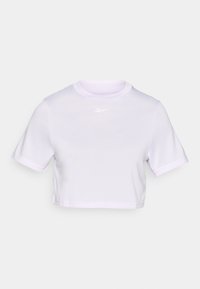 Világos levendula színű crop top, rövid ujjak, kerek nyakkivágás. Simább, nyújtható anyagból készült. Az elején egy kis fehér logó található.