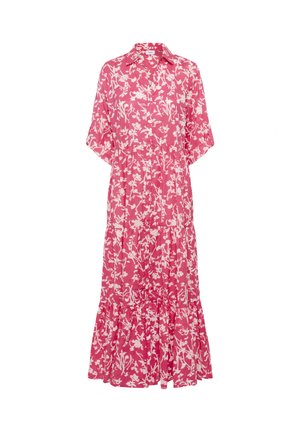 Roze bloemenmaxi-jurk met een kraaghals, korte mouwen, gelaagd gerimpelde zoom en een lichtgewicht stofpatroon in het wit.