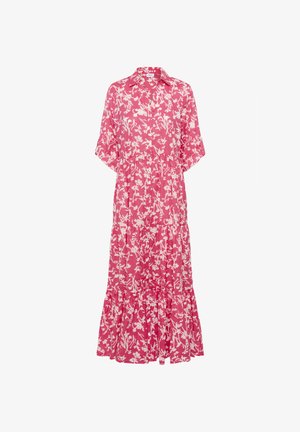 Rosa Blumen-Maxikleid mit kragenförmigem Ausschnitt, kurzen Ärmeln, gestuftem Rüschensaum und einem leichten Stoffmuster in Weiß.