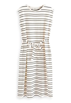 Biała sukienka bez rękawów w czarne poziome paski, z dopasowanym paskiem do wiązania w talii, sięgająca do kolan.