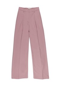 Pantaloni a gamba larga a vita alta di colore rosa chiaro con pieghe frontali, chiusura con bottone singolo e passanti per cintura, caratterizzati da una texture di tessuto liscia.
