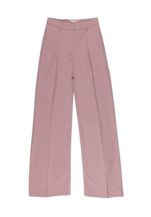 Pantaloni a gamba larga a vita alta di colore rosa chiaro con pieghe frontali, chiusura con bottone singolo e passanti per cintura, caratterizzati da una texture di tessuto liscia.