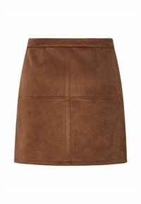 Mini-jupe en suède marron avec un design structuré comprenant quatre coutures en panneaux et un ourlet net. Surface texturée avec une finition douce.