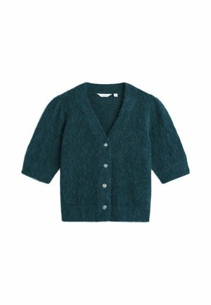 Tyrkisblå mohaircardigan med V-hals, korte ærmer og fem knapper foran. Blødt, tekstureret stof med løs pasform.