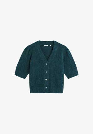 Tyrkisblå mohaircardigan med V-hals, korte ærmer og fem knapper foran. Blødt, tekstureret stof med løs pasform.