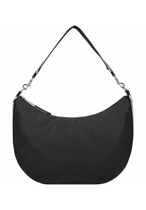 Sacoche noire en nylon avec une forme arrondie, dotée d'une fermeture éclair et d'une sangle bicolore avec des accessoires en métal et des détails en logo embossé.