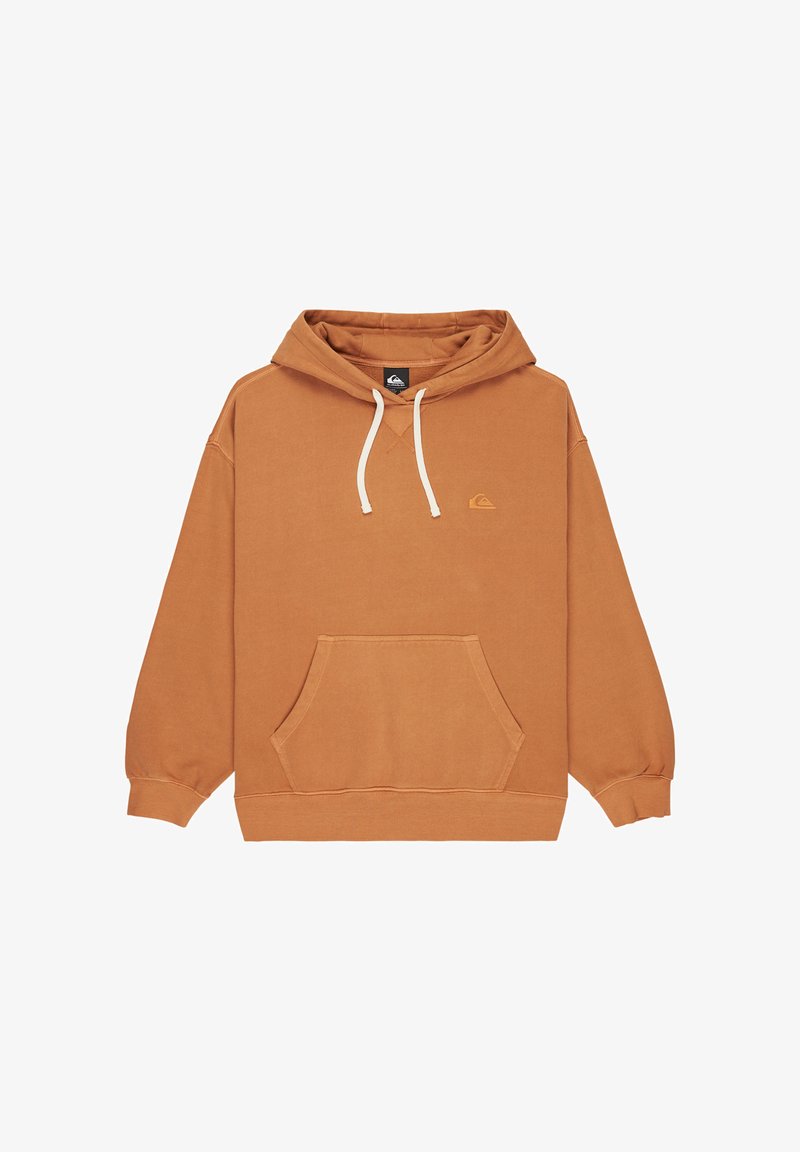 Brauner Kapuzenpullover mit vordere Kängurutasche, weißen Kordeln, gerippten Bündchen und kleinem Logo auf der linken Brust.