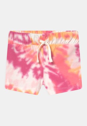 Børneshorts med elastisk talje i pink, orange og hvid tie-dye mønster og hvid snor foran i midten.