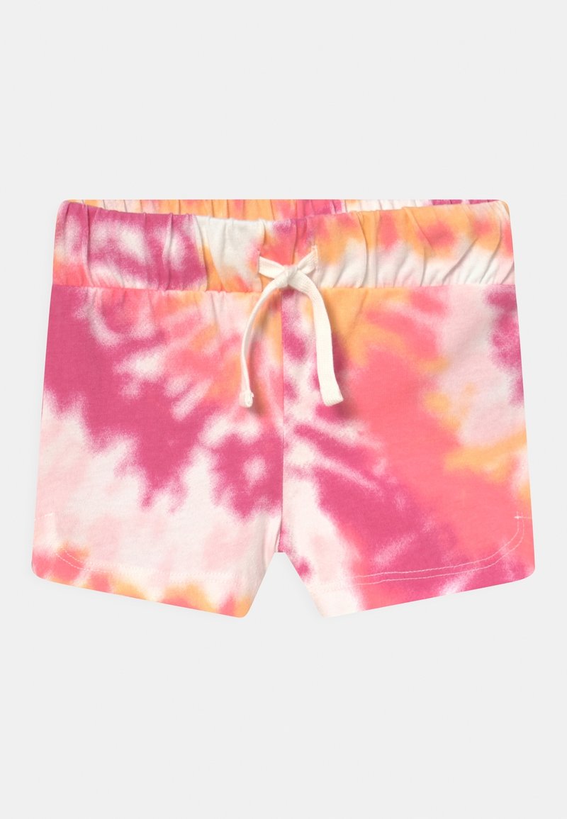 Shorts enfant à taille élastique avec motif tie-dye rose, orange et blanc et cordon blanc à l'avant au centre.