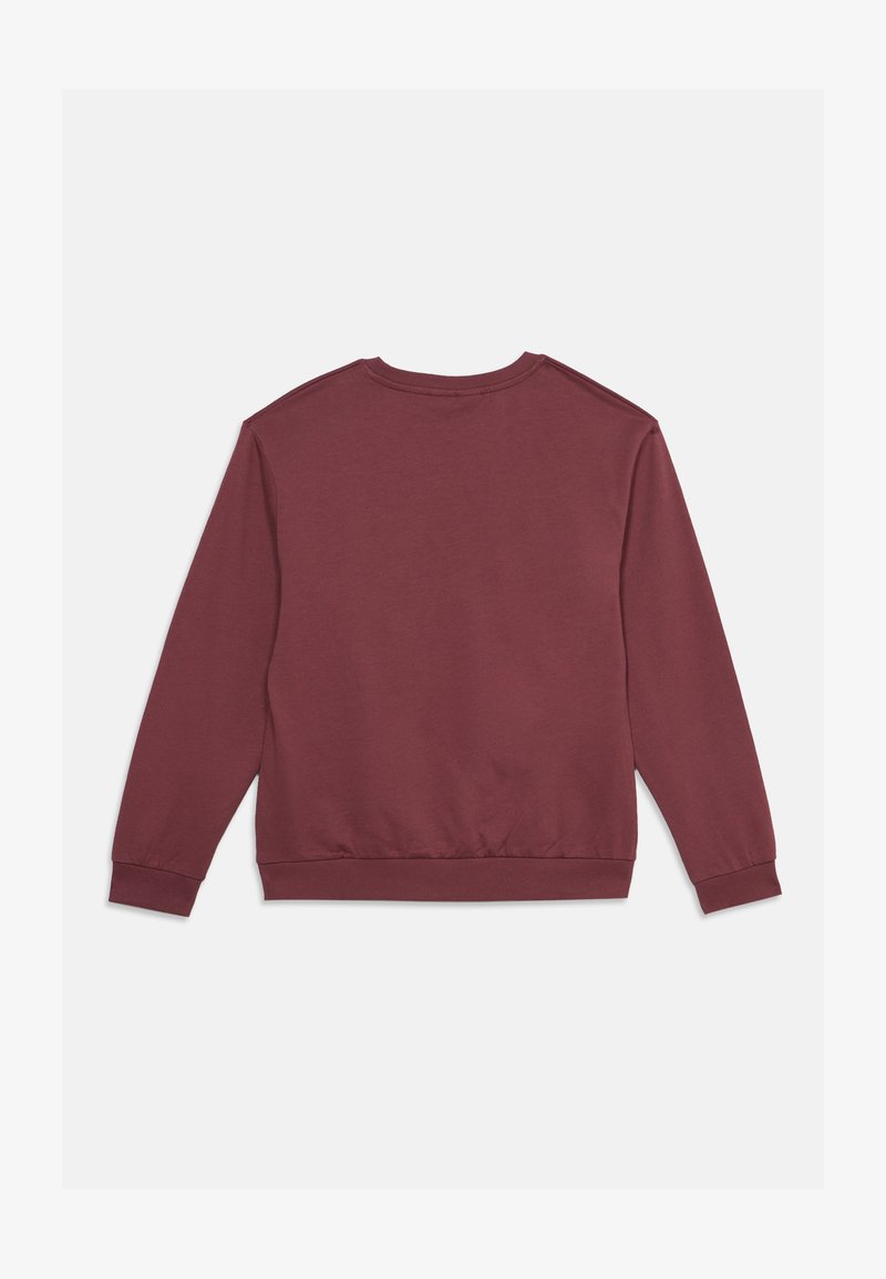 Sweat-shirt uni bordeaux à manches longues avec poignets, col et ourlet côtelés, vu de dos.