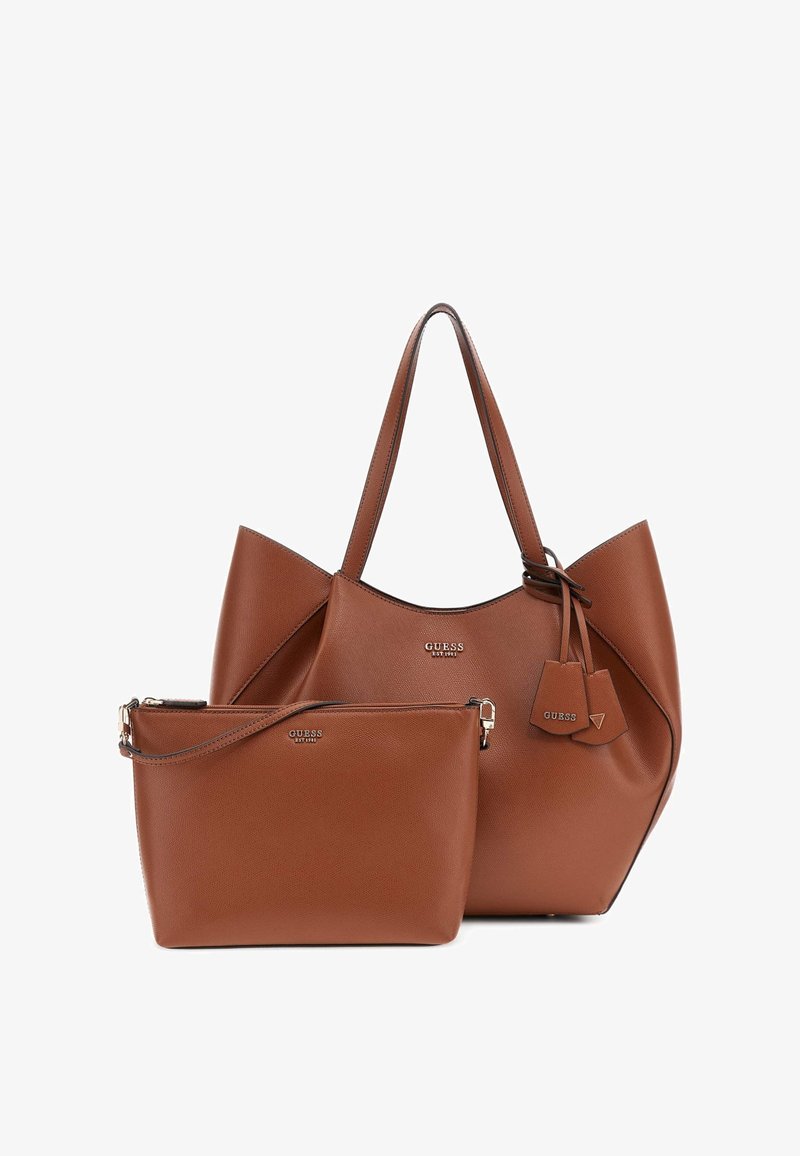 Braune Leder-Tote mit einer strukturierten Form und zwei oberen Griffen, begleitet von einem kleineren passenden Beutel mit Reißverschluss. Beide verfügen über Logodetails.