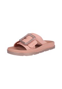 Pink slide sandals with a wide strap featuring a square metallic buckle. Textured footbed, low rubber sole with a light color.
