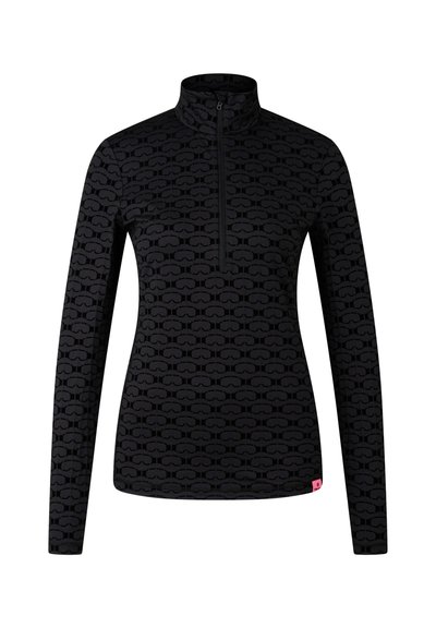 Μαύρο τοπ με μακριά μανίκια, ζιπ λαιμόκοψη, περίπλοκο τονικό σχέδιο με γυαλιά και ροζ ετικέτα στο τελείωμα. Μαλακό, ελαστικό ύφασμα.