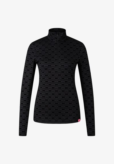 Čierne tričko s dlhými rukávmi, vybavené zipsom na krku, detailným tónovaným vzorom okuliarov a ružovou značkou na leme. Mäkká, pružná látka.