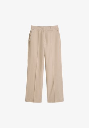 Beige rechte broekspijpen met riemlussen, voorzakken en een verborgen knoop- en ritssluiting aan de voorkant.