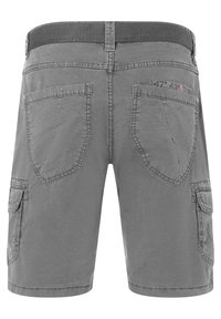 Gray cargo shorts made of cotton blend fabric; features two back pockets, two side cargo pockets, and a textured waistband.