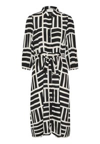Robe à motifs noir et blanc avec un devant à boutons, un col et une taille ceinturée. Présente des manches longues et un design en damier.