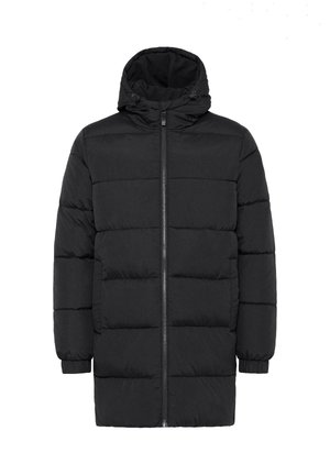 Black puffer jacket with a zip front, hood, and elastic cuffs. Features a quilted design with boxy sections for insulation.