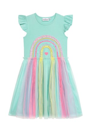 Minzgrünes Kleid mit kurzen Rüschenärmeln und einem Regenbogen-Applikation. Der Rock besteht aus mehrlagigem Tüll in Pastellrosa, Blau, Gelb und Lila.