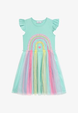 Minzgrünes Kleid mit kurzen Rüschenärmeln und einem Regenbogen-Applikation. Der Rock besteht aus mehrlagigem Tüll in Pastellrosa, Blau, Gelb und Lila.