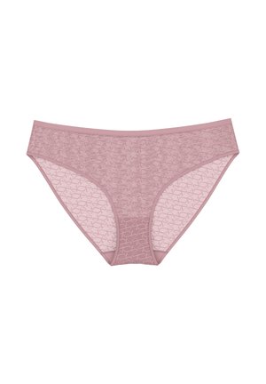 Różowe koronkowe majtki w bikini z fakturowanym wzorem, elastycznym pasem i półprzezroczystym materiałem z wzmocnionymi krawędziami.